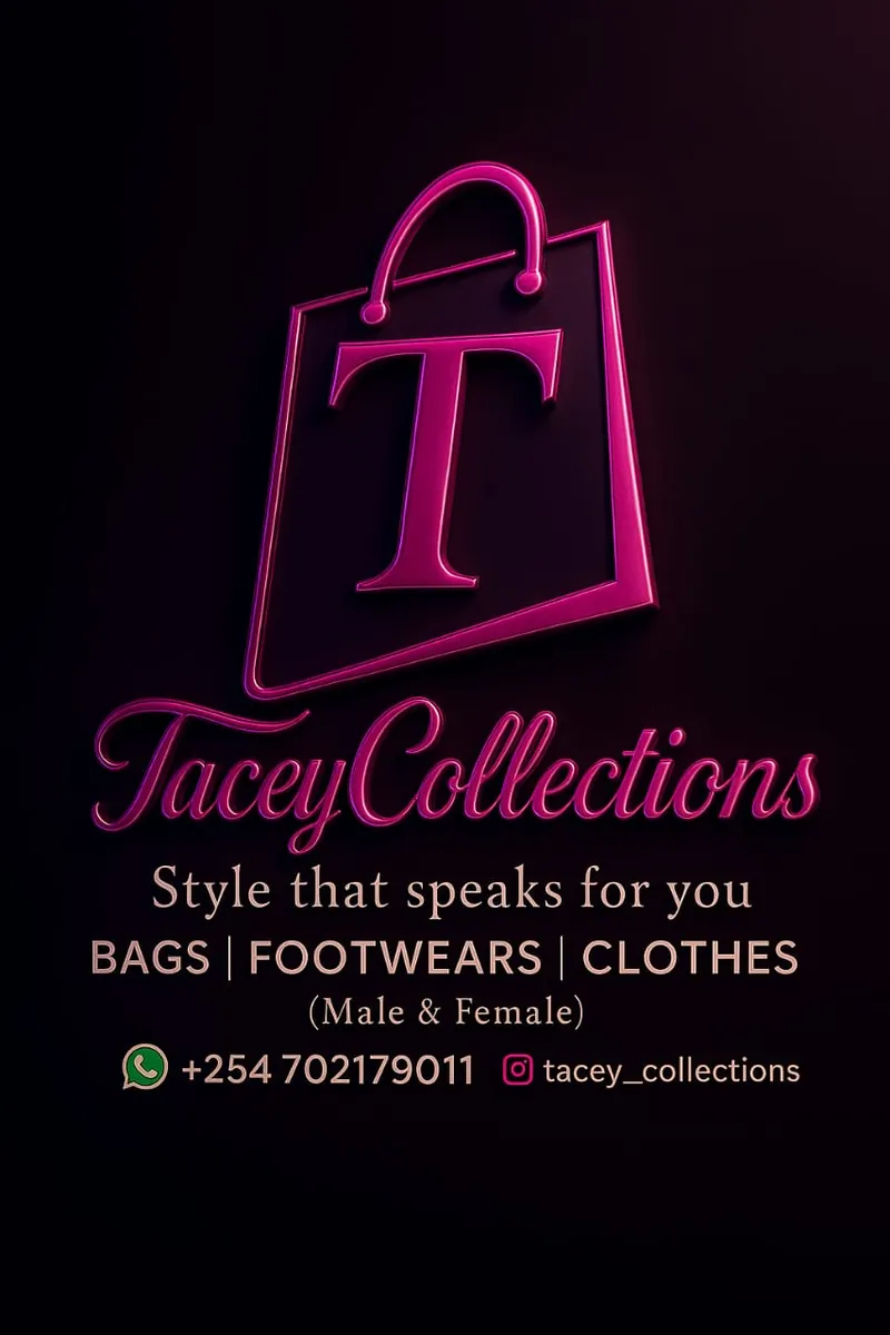 Tacey Collections flyer: bags, footwear and clothes for men and women. WhatsApp +254 702 179011, Instagram @tacey_collections.